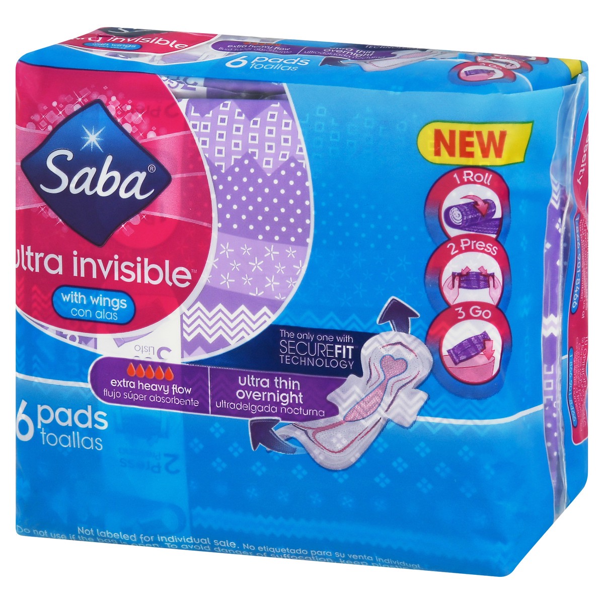 slide 9 of 9, Saba Ultra Invisible Extra Heavy Flow Ultra Thin Overnight with Wings Pads 6 ea, 6 ct