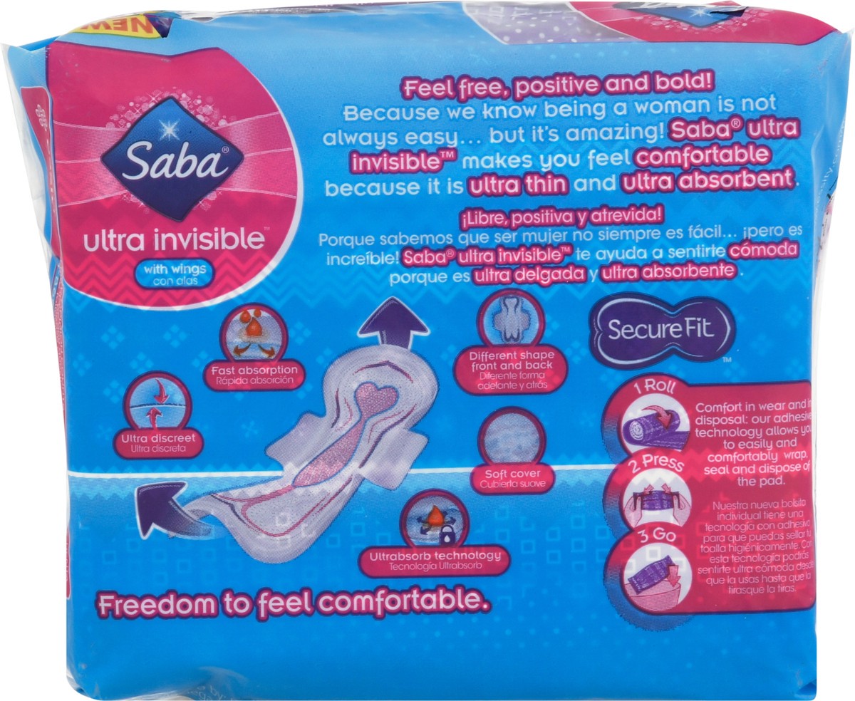 slide 3 of 9, Saba Ultra Invisible Extra Heavy Flow Ultra Thin Overnight with Wings Pads 6 ea, 6 ct