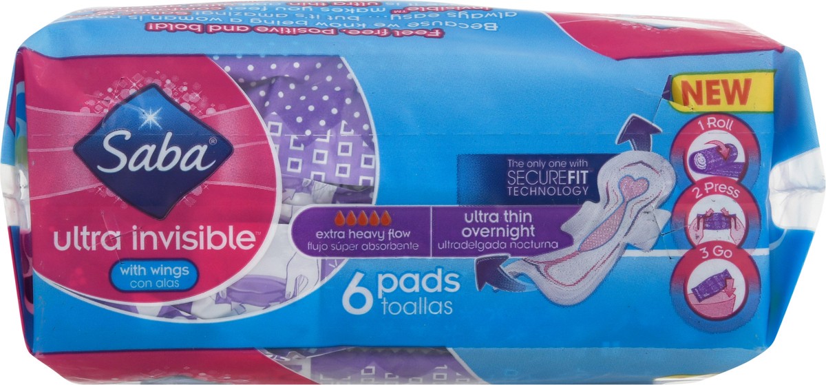 slide 7 of 9, Saba Ultra Invisible Extra Heavy Flow Ultra Thin Overnight with Wings Pads 6 ea, 6 ct