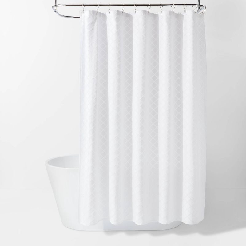 slide 1 of 4, Dyed Clipped Diamond Shower Curtain White - Threshold™, 1 ct