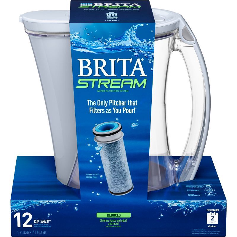 slide 5 of 9, Brita 12-Cup Stream Filter As You Pour Water Pitcher with 1 Filter, Cascade – Ice, 1 ct