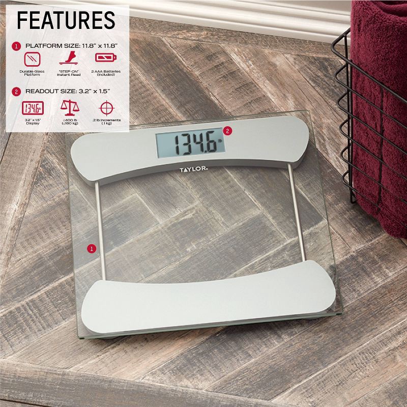 slide 3 of 11, Taylor Digital Glass Bathroom Scale - Clear with Stainless Steel Accents, 1 ct