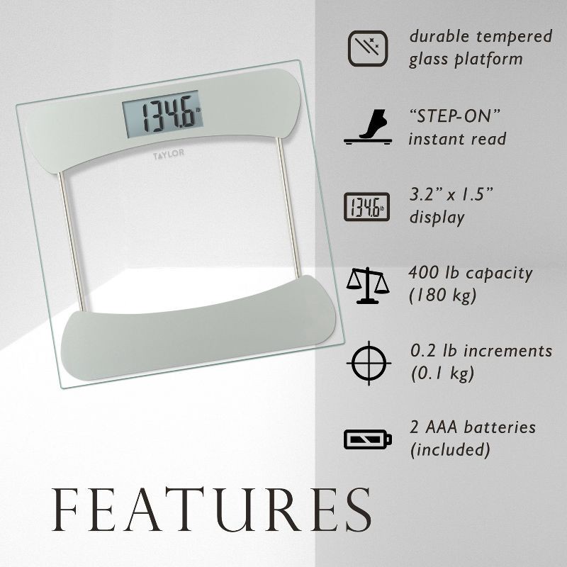 slide 3 of 11, Taylor Digital Glass Bathroom Scale - Clear with Stainless Steel Accents, 1 ct