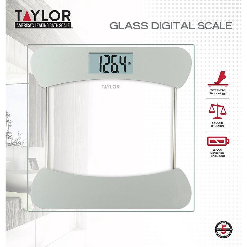 slide 7 of 11, Taylor Digital Glass Bathroom Scale - Clear with Stainless Steel Accents, 1 ct