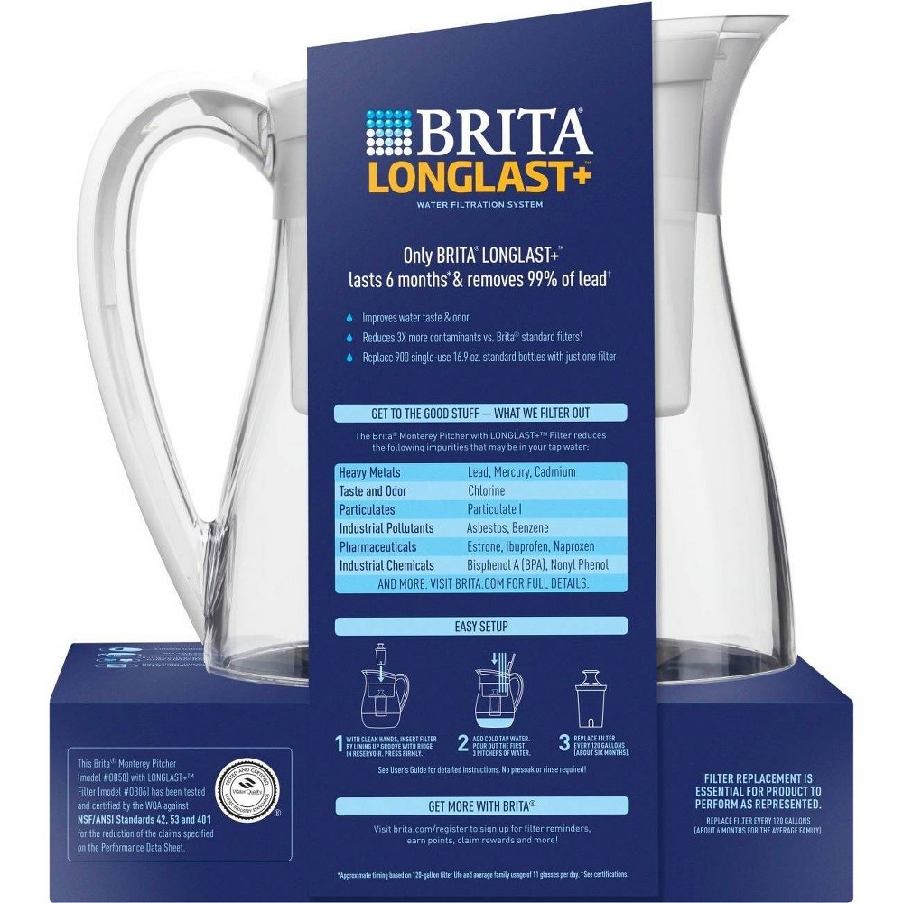 slide 4 of 7, Brita Water Filter Monterey 10-Cup Water Pitcher Dispensers with Longlast Water Filter - White, 1 ct
