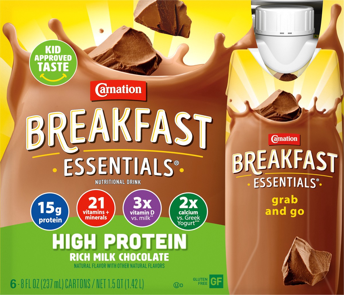 slide 3 of 9, Carnation Breakfast Essentials High Protein Nutritional Drink, Rich Milk Chocolate, 15 g Protein, 6 - 8 fl oz Cartons - 48 fl oz, 8 fl oz