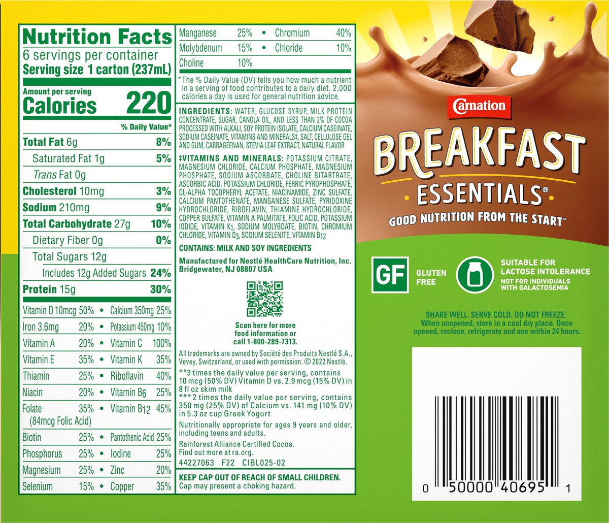 slide 2 of 9, Carnation Breakfast Essentials High Protein Nutritional Drink, Rich Milk Chocolate, 15 g Protein, 6 - 8 fl oz Cartons, 48 fl oz