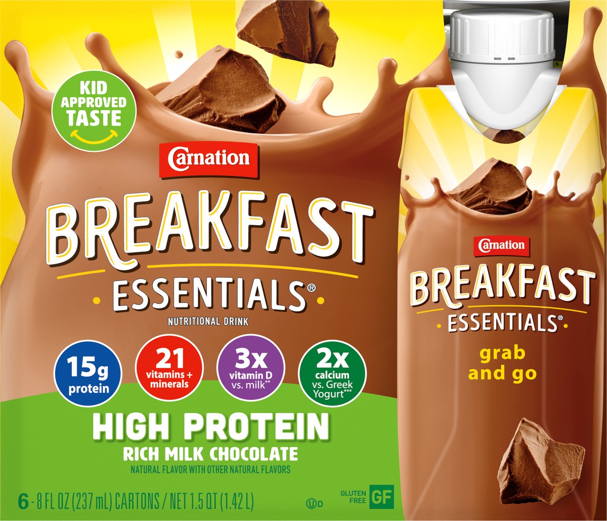 slide 8 of 9, Carnation Breakfast Essentials High Protein Nutritional Drink, Rich Milk Chocolate, 15 g Protein, 6 - 8 fl oz Cartons, 48 fl oz