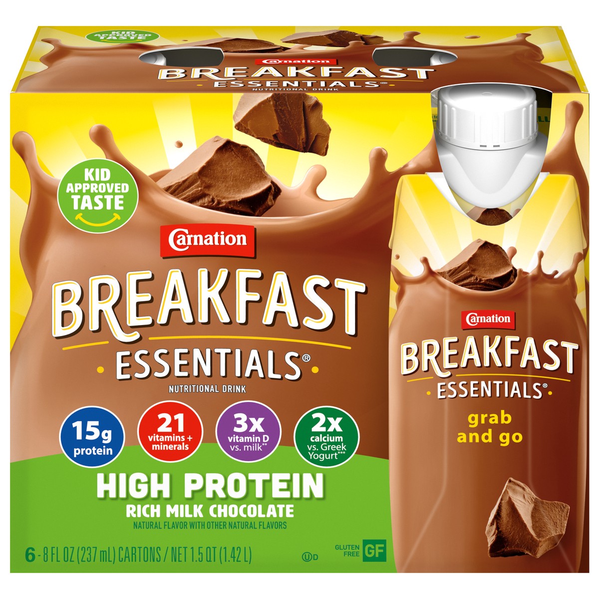 slide 1 of 9, Carnation Breakfast Essentials High Protein Nutritional Drink, Rich Milk Chocolate, 15 g Protein, 6 - 8 fl oz Cartons, 48 fl oz