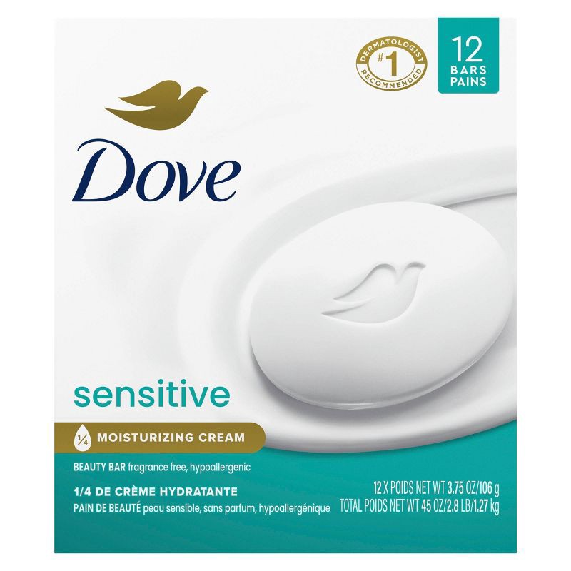 slide 2 of 8, Dove Beauty Sensitive Skin Moisturizing Unscented Beauty Bar Soap - 12pk - 3.75oz each, 12 ct, 3.75 oz