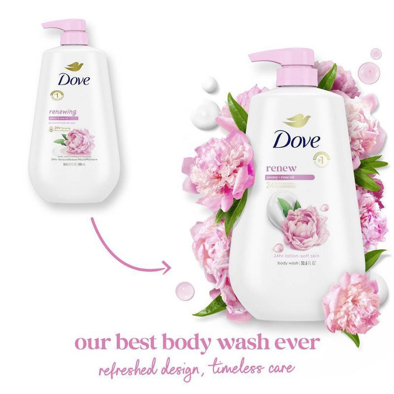slide 3 of 11, Dove Beauty Dove Renew Body Wash Pump Peony & Rose Oil Nourishing 24hr Lotion-Soft Skin - 30.6 fl oz, 30.6 fl oz