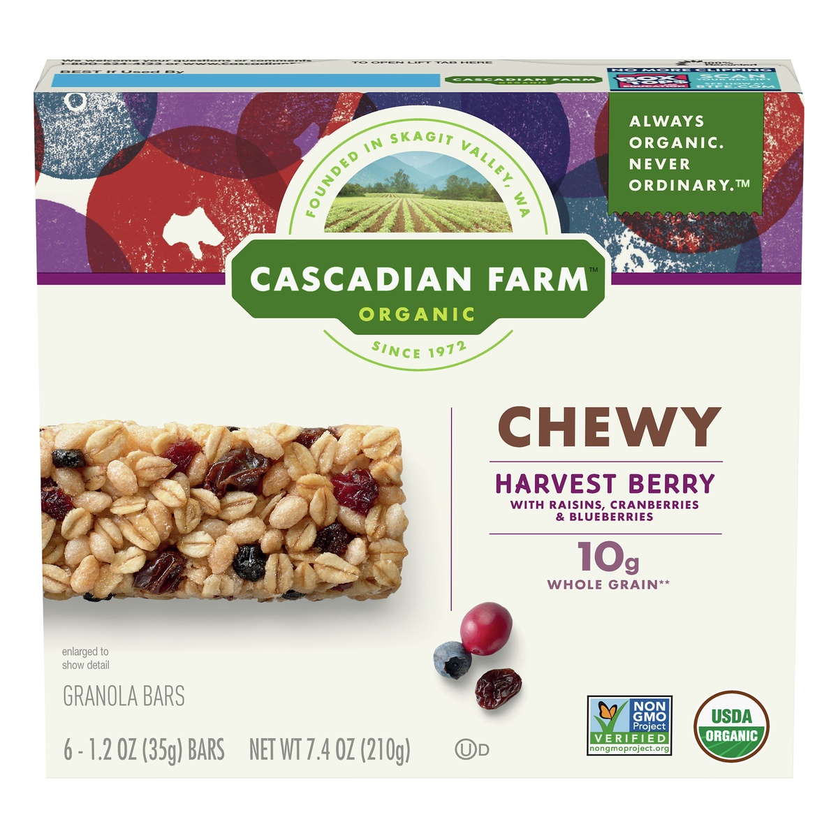 slide 1 of 1, Cascadian Farm Chewy Organic Non-Gmo Harvest Berry Granola Bars, 6 ct; 1.2 oz