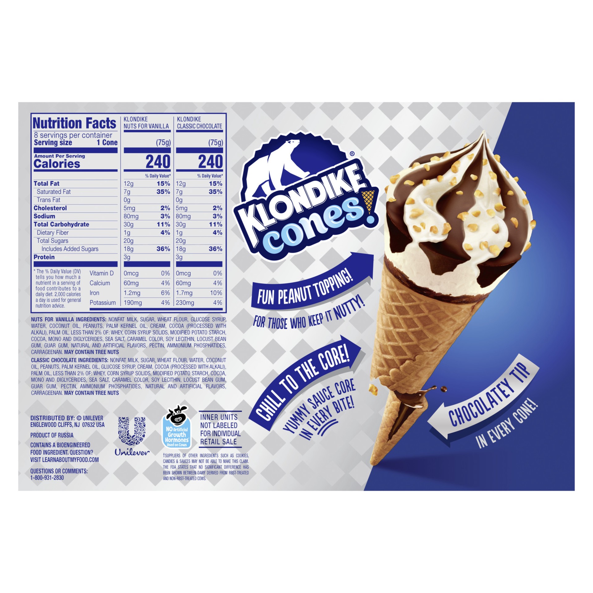 slide 2 of 4, Klondike Frozen Dairy Dessert Cone Nuts For Vanilla & Classic Chocolate, 3.75 fl oz, 8 Count, 3.75 fl oz