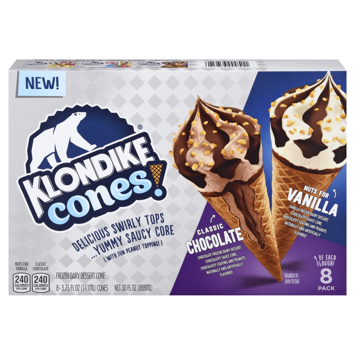 slide 1 of 7, Klondike Cones Classic Chocolate & Nuts For Vanilla Frozen Dairy Dessert Cones, 8 ct; 3.75 fl oz