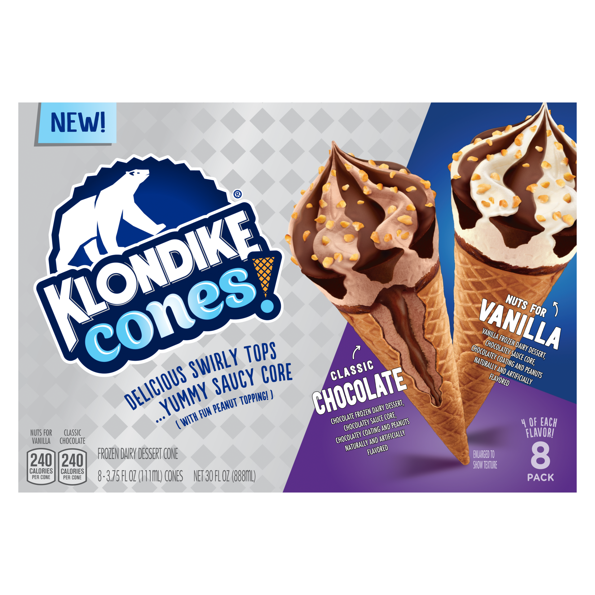 slide 4 of 4, Klondike Frozen Dairy Dessert Cone Nuts For Vanilla & Classic Chocolate, 3.75 fl oz, 8 Count, 3.75 fl oz