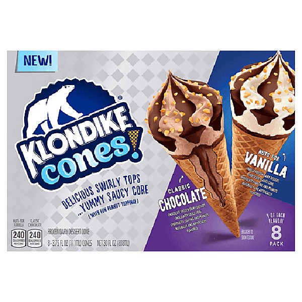 slide 1 of 4, Klondike Frozen Dairy Dessert Cone Nuts For Vanilla & Classic Chocolate, 3.75 fl oz, 8 Count, 3.75 fl oz