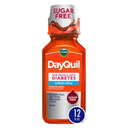 Vicks DayQuil Diabetes Cold & Flu Relief Liquid Over-the-Counter Medicine, Powerful Multi-Symptom Daytime Relief of Cold, Cough, and Flu Symptoms, Non-Drowsy, Specially Formulated for People with Diabetes, Free of Sugar, Alcohol, & Decongestants, 12 FL OZ