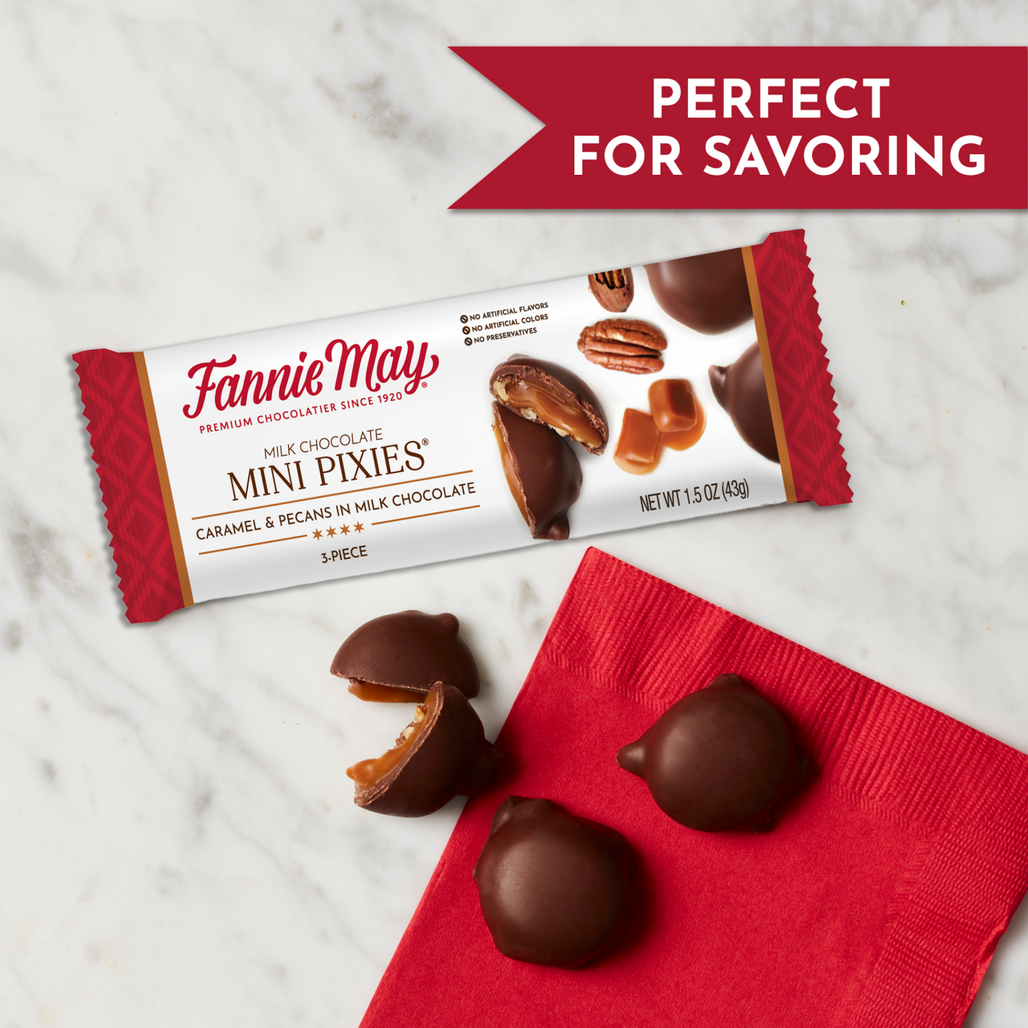 slide 7 of 7, Fannie May Milk Chocolate Caramel Pixies, 3 ct; 1.5 oz