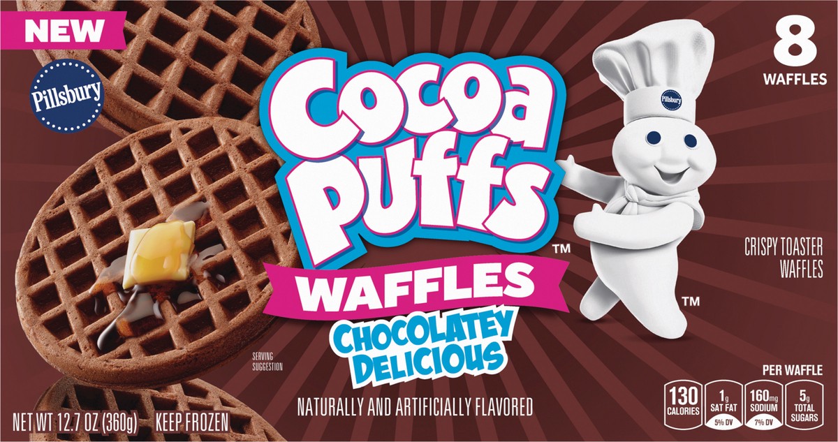 slide 8 of 13, Pillsbury Cocoa Puffs Frozen Waffles, 8 Waffles, 12.7 oz., 8 ct