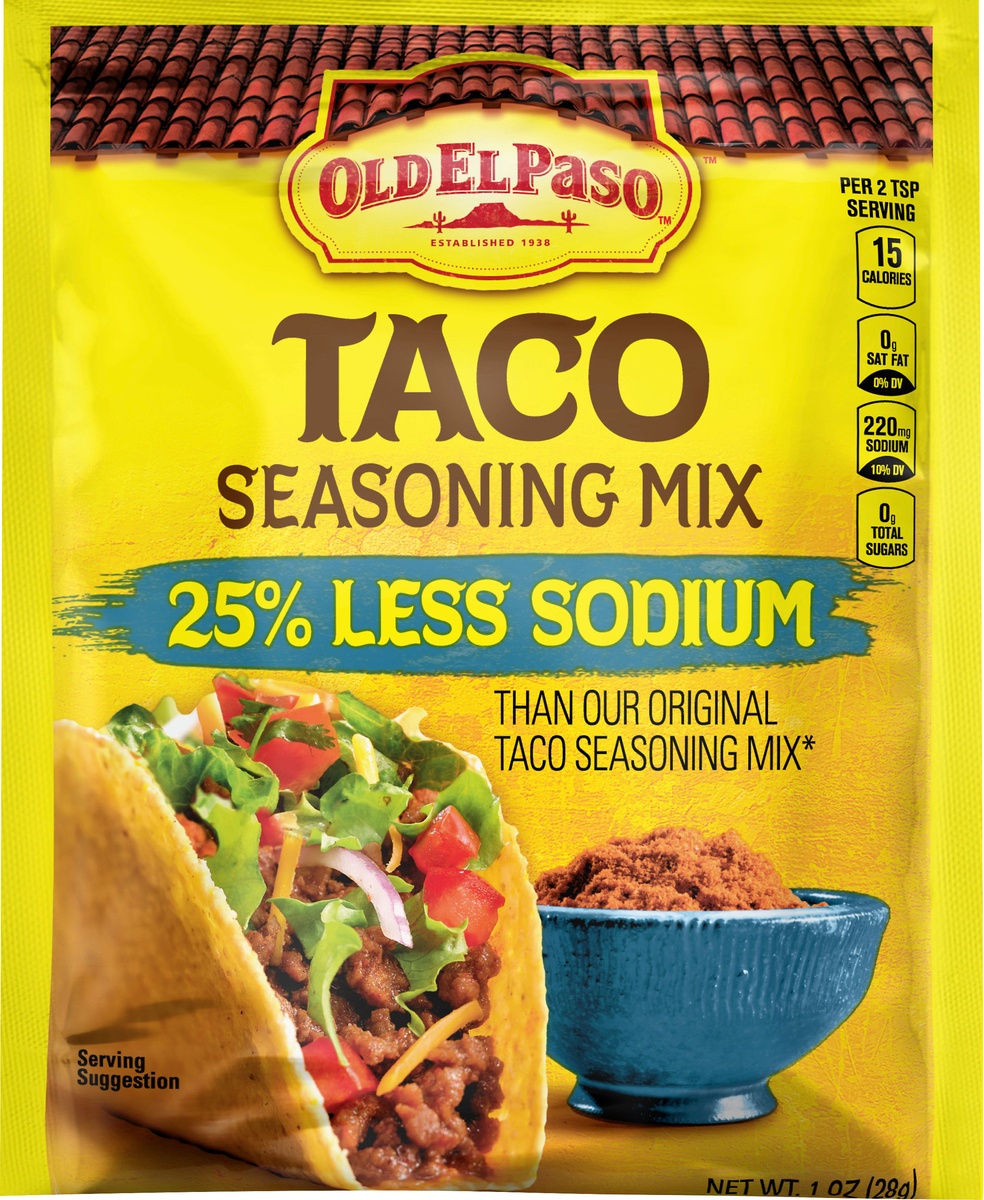 slide 9 of 10, Old El Paso Taco Seasoning Mix 25% Less Sodium Packet, 1 oz