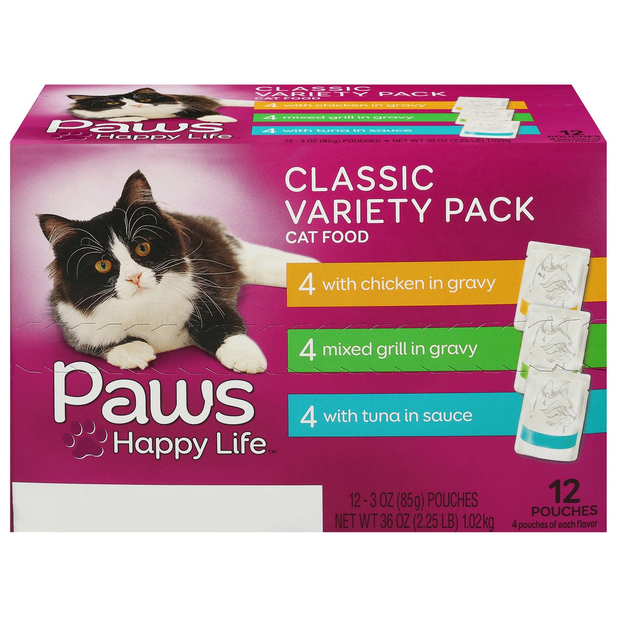 slide 1 of 6, Paws Happy Life Chicken in Gravy/Mixed Grill in Gravy/Tuna in Sauce Cat Food Classic Variety Pack 12 ea, 12 ct