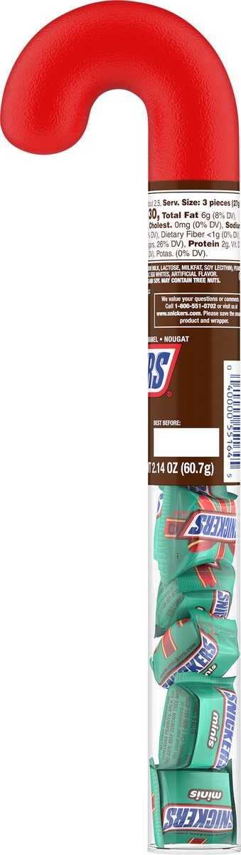 slide 4 of 7, SNICKERS Minis Chocolate Christmas Candy Cane, 2.14 oz Tube, 2.14 oz