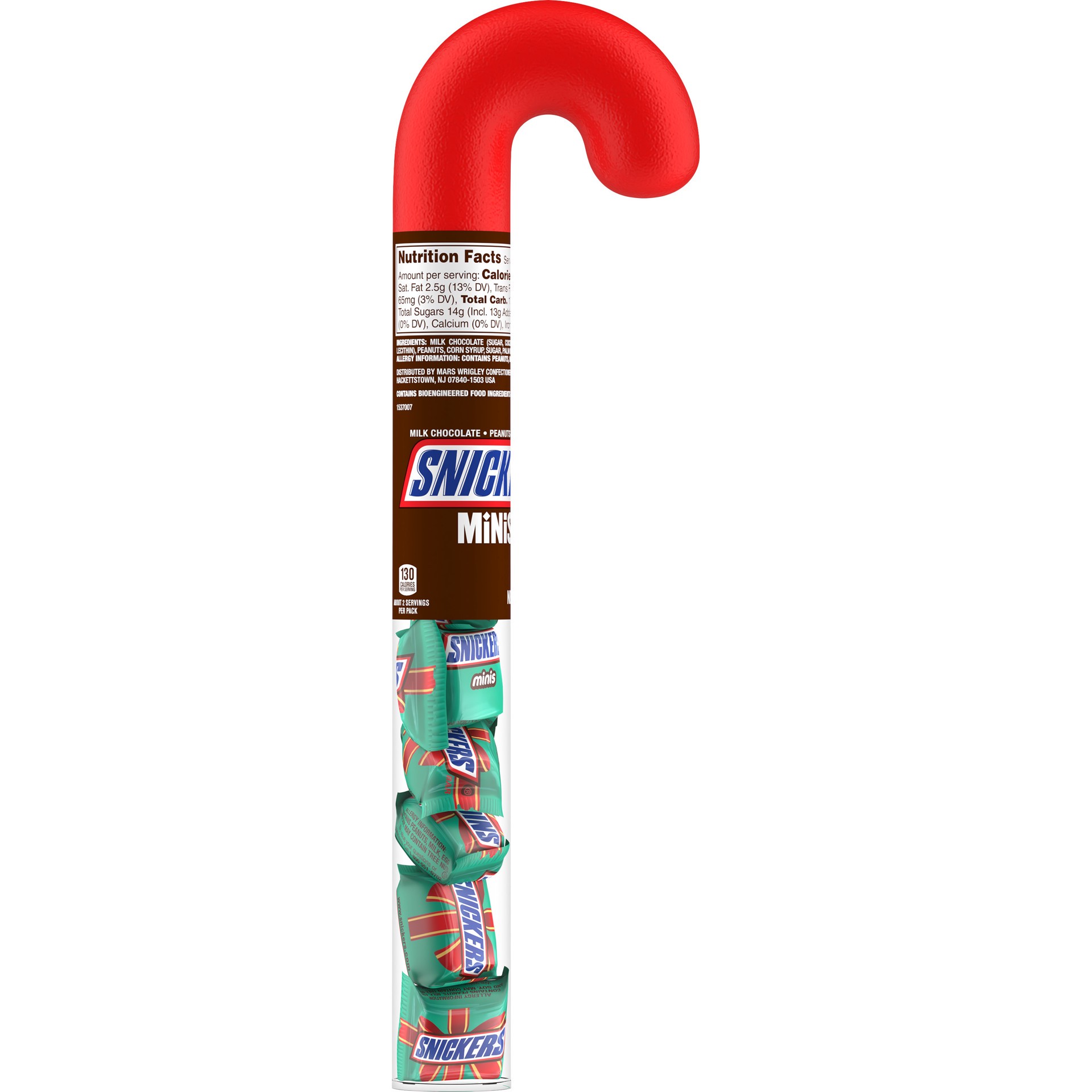 slide 1 of 7, SNICKERS Minis Chocolate Christmas Candy Cane, 2.14 oz Tube, 2.14 oz