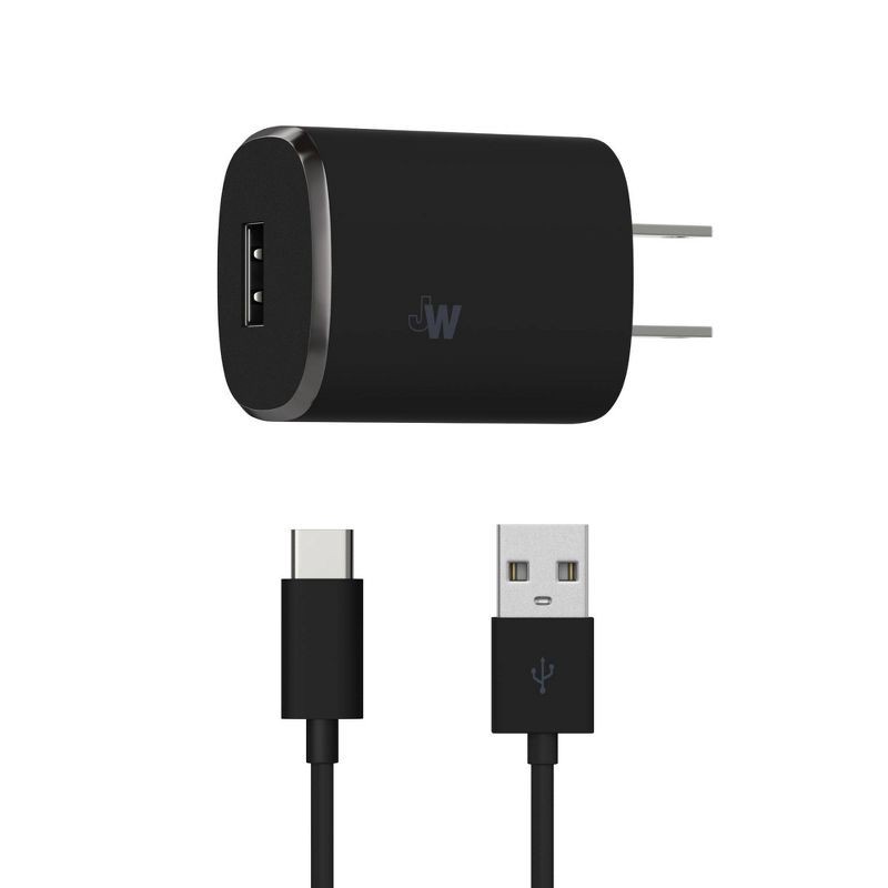 slide 1 of 8, Just Wireless 2.4A/12W 1-Port USB-A Home Charger with 6' TPU Type-C to USB-A Cable - Black, 1 ct