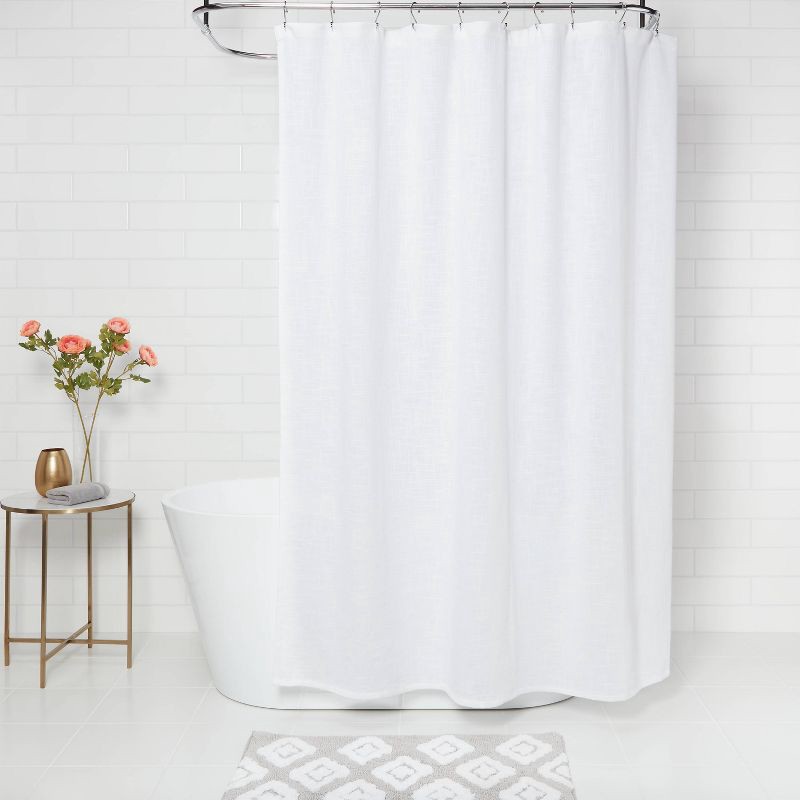 slide 2 of 4, Woven Shower Curtain White - Threshold™: Cotton Fabric, Buttonhole Top, Machine Washable, 1 ct