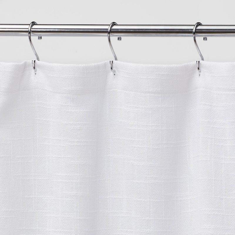 slide 3 of 4, Woven Shower Curtain White - Threshold™: Cotton Fabric, Buttonhole Top, Machine Washable, 1 ct