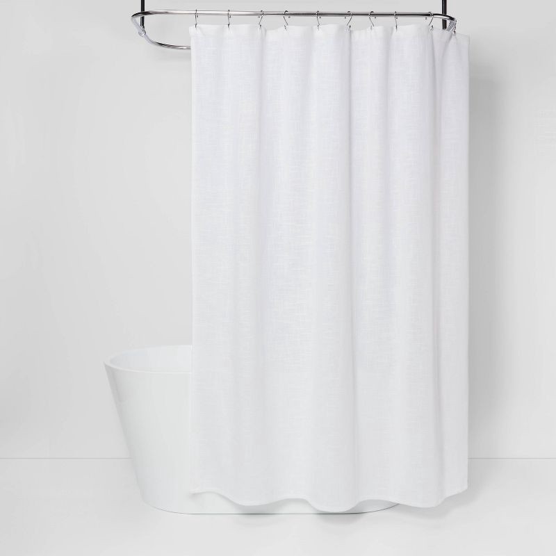 slide 1 of 4, Woven Shower Curtain White - Threshold™: Cotton Fabric, Buttonhole Top, Machine Washable, 1 ct