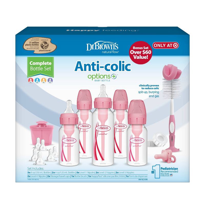 slide 2 of 25, Dr. Brown's Anti-Colic Options+ Narrow Baby Bottle Newborn Gift Set - 0-6m - Pink, 1 ct