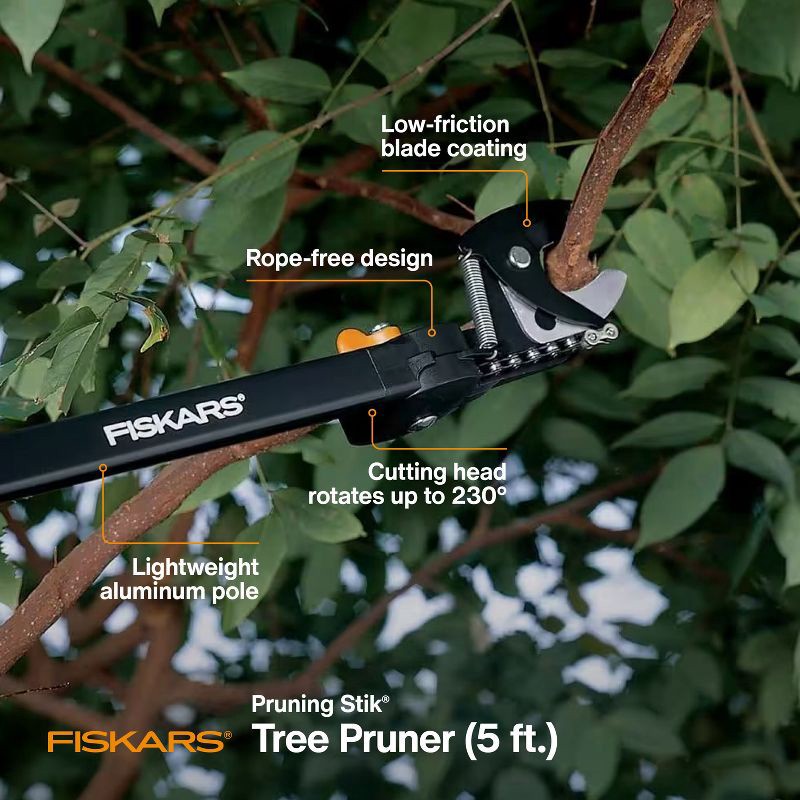 slide 6 of 11, Fiskars 5' Pruning Stik Tree Pruner: Extendable, Handheld Garden Shears, 61.75" Height, 2" Blade Width, 1 ct