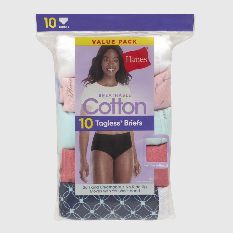 slide 2 of 5, Hanes Women's 10pk Briefs Full Coverage Breathable Cotton Moisture Wicking Underwear - Colors May Vary 10, 10 ct
