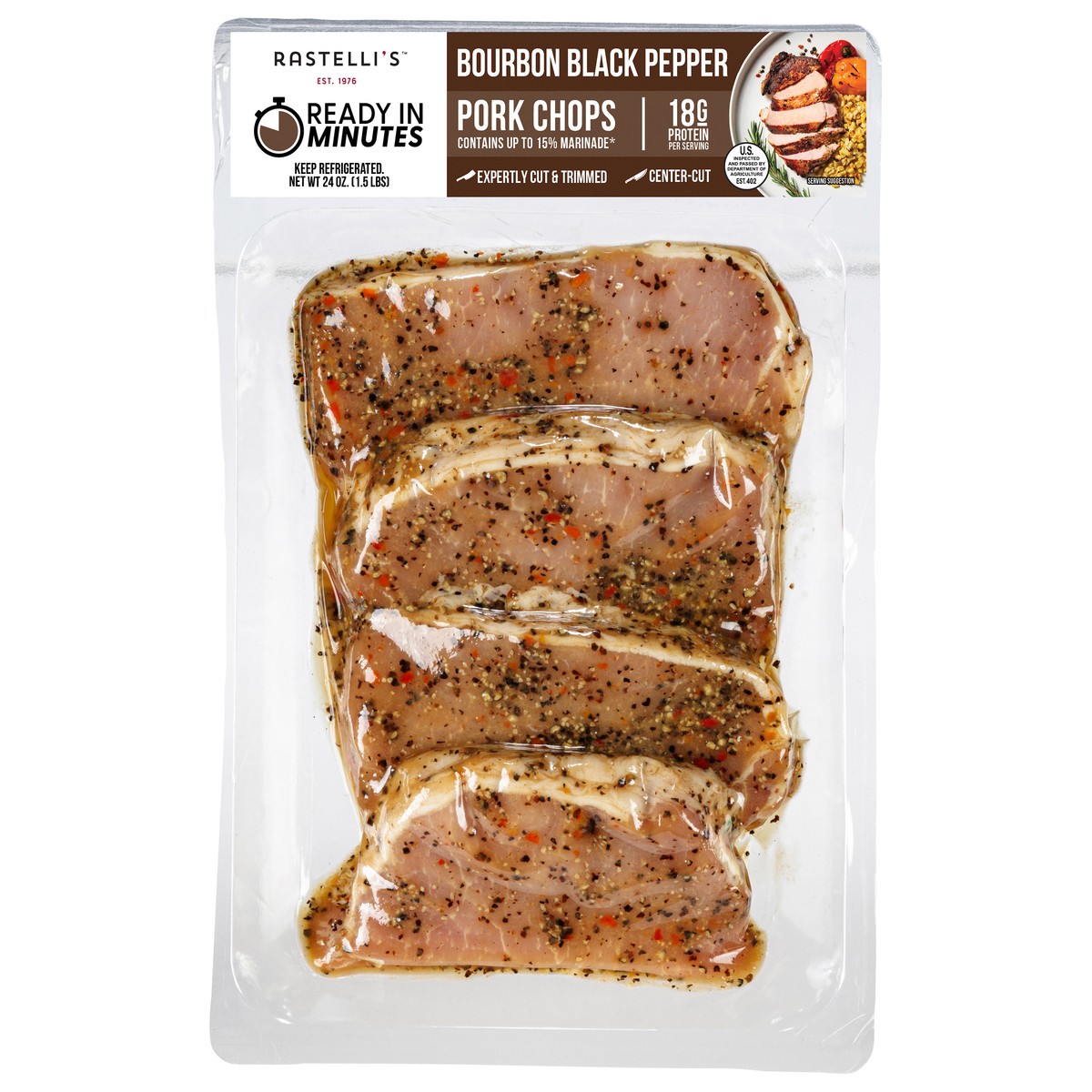 slide 1 of 11, Rastelli's Pork Chops Boneless Bourbon Black Pepper Marinade - 24 OZ, 24 oz