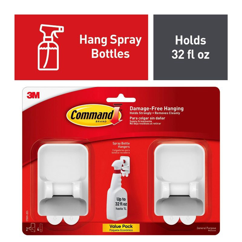 slide 2 of 13, Command 2 Hangers/4 Strips per pk Spray Bottle Hangers White: Plastic Cleaning Tools & Accessories, Bottle Holder, 1 ct