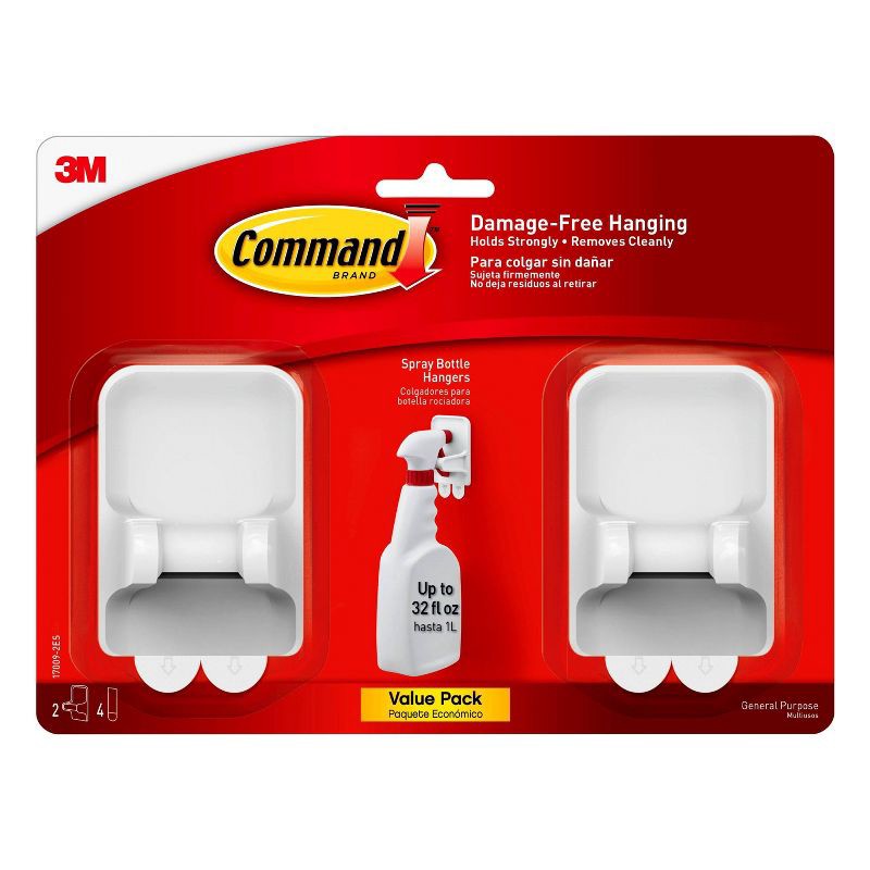 slide 1 of 12, Command 2 Hangers/4 Strips per pk Spray Bottle Hangers White: Plastic Cleaning Tools & Accessories, Bottle Holder, 1 ct