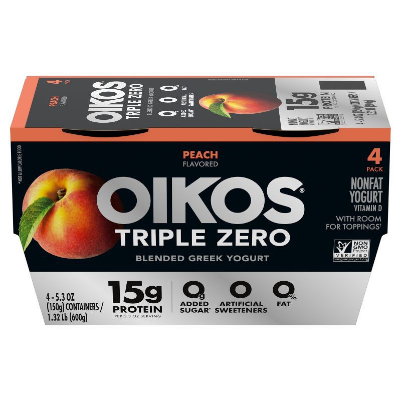 slide 2 of 16, Oikos Triple Zero Peach Greek Yogurt - 4ct/5.3oz Cups, 4 ct; 5.3 oz