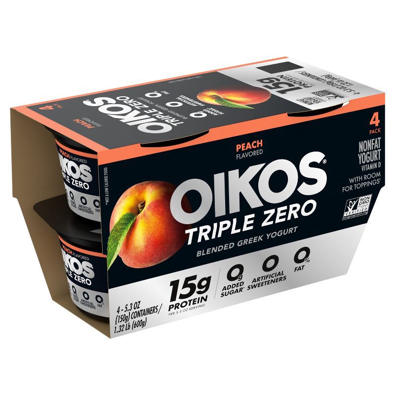 slide 3 of 16, Oikos Triple Zero Peach Greek Yogurt - 4ct/5.3oz Cups, 4 ct; 5.3 oz