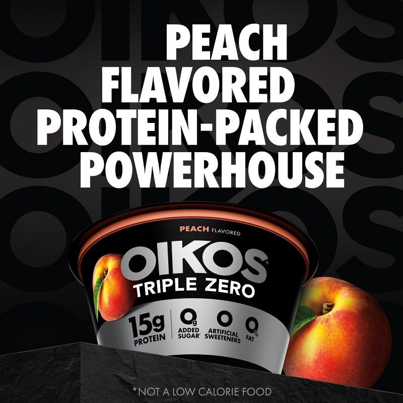 slide 3 of 13, Oikos Triple Zero Peach Greek Yogurt - 15g Protein 4ct/5.3oz Cups, 15 gram, 4 ct, 5.3 oz