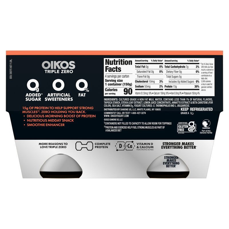 slide 12 of 13, Oikos Triple Zero Peach Greek Yogurt - 15g Protein 4ct/5.3oz Cups, 15 gram, 4 ct, 5.3 oz