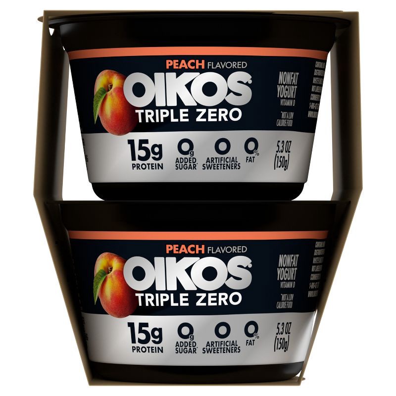 slide 13 of 13, Oikos Triple Zero Peach Greek Yogurt - 15g Protein 4ct/5.3oz Cups, 15 gram, 4 ct, 5.3 oz