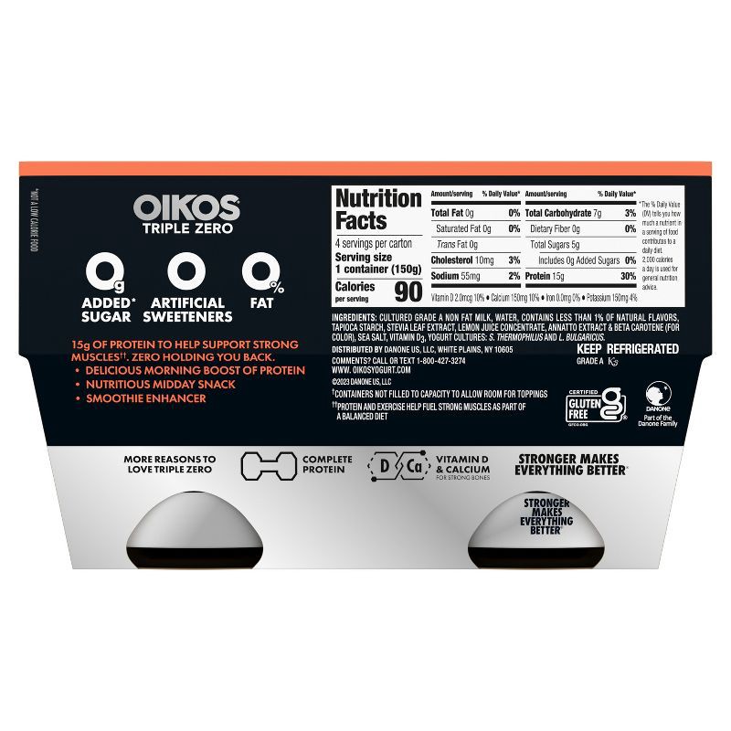 slide 4 of 16, Oikos Triple Zero Peach Greek Yogurt - 4ct/5.3oz Cups, 4 ct; 5.3 oz