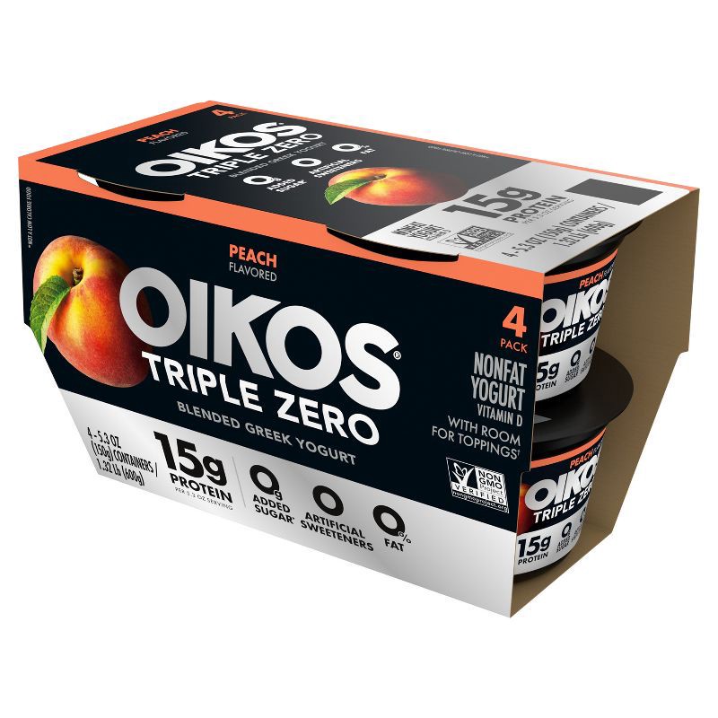 slide 6 of 16, Oikos Triple Zero Peach Greek Yogurt - 4ct/5.3oz Cups, 4 ct; 5.3 oz