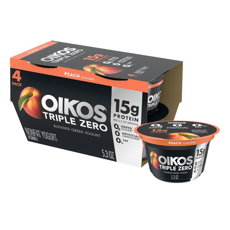 slide 1 of 16, Oikos Triple Zero Peach Greek Yogurt - 4ct/5.3oz Cups, 4 ct; 5.3 oz