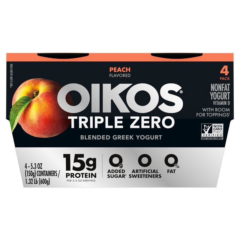 slide 7 of 16, Oikos Triple Zero Peach Greek Yogurt - 4ct/5.3oz Cups, 4 ct; 5.3 oz