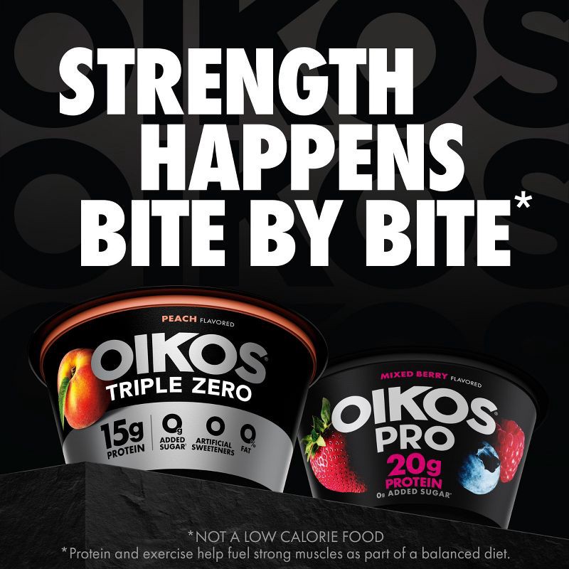 slide 8 of 13, Oikos Triple Zero Peach Greek Yogurt - 15g Protein 4ct/5.3oz Cups, 15 gram, 4 ct, 5.3 oz