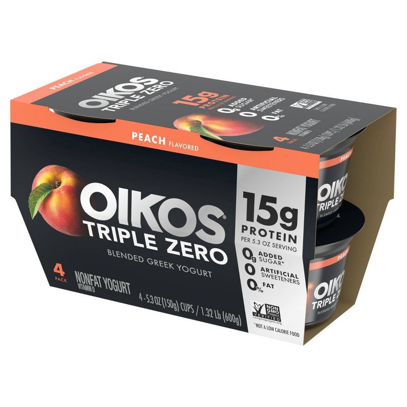 slide 9 of 16, Oikos Triple Zero Peach Greek Yogurt - 4ct/5.3oz Cups, 4 ct; 5.3 oz