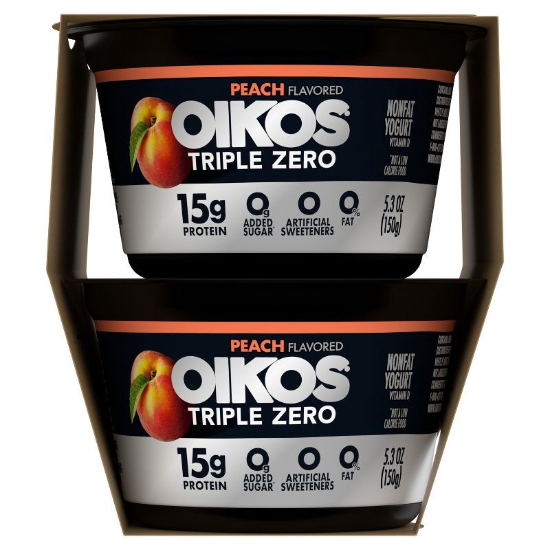 slide 11 of 13, Oikos Triple Zero Peach Greek Yogurt - 15g Protein 4ct/5.3oz Cups, 15 gram, 4 ct, 5.3 oz