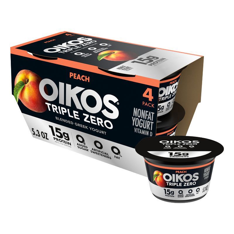 slide 1 of 13, Oikos Triple Zero Peach Greek Yogurt - 15g Protein 4ct/5.3oz Cups, 15 gram, 4 ct, 5.3 oz